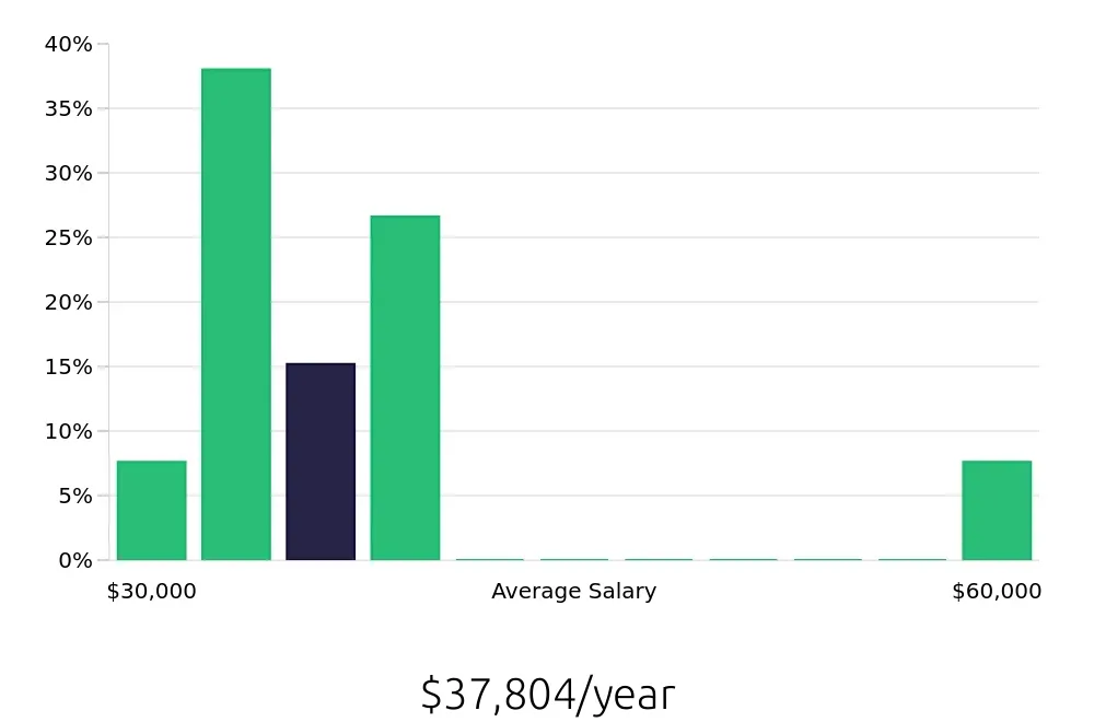 Graph depicting the yearly salary distribution for Registered Behavior Technician jobs in Hot Springs, AR, showing an average salary of $37,804 with varying distribution percentages across salary ranges.