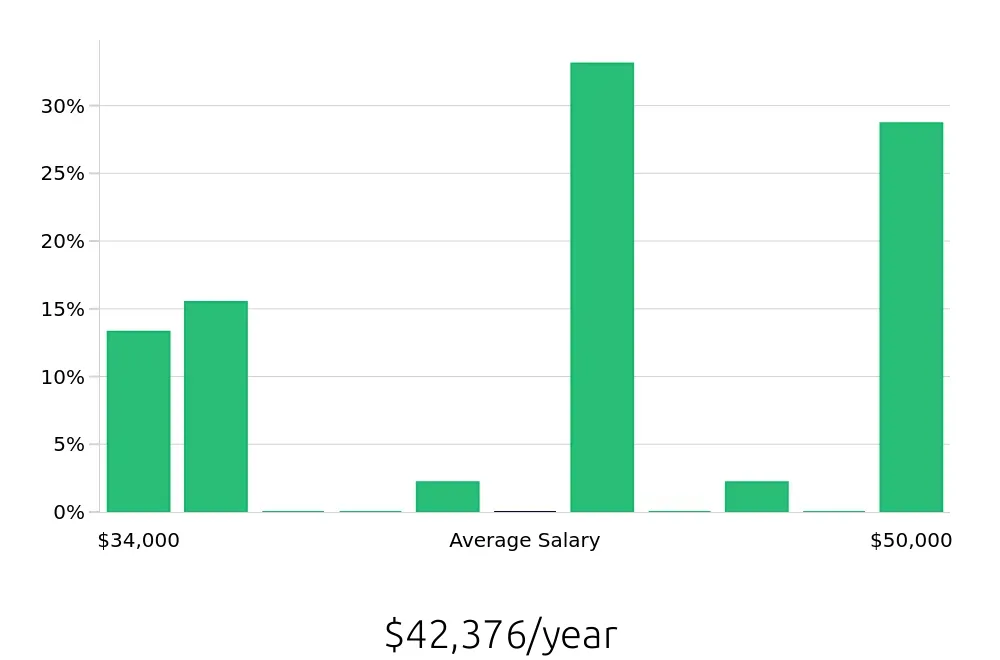Graph depicting the yearly salary distribution for Registered Behavior Technician jobs in Jeffersonville, IN, showing an average salary of $42,376 with varying distribution percentages across salary ranges.