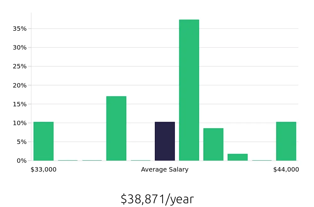 Graph depicting the yearly salary distribution for Registered Behavior Technician jobs in New Braunfels, TX, showing an average salary of $38,871 with varying distribution percentages across salary ranges.