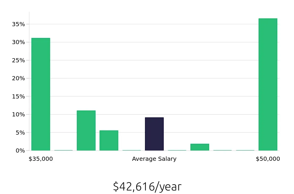Graph depicting the yearly salary distribution for Restoration Technician jobs in Omaha, NE, showing an average salary of $42,616 with varying distribution percentages across salary ranges.