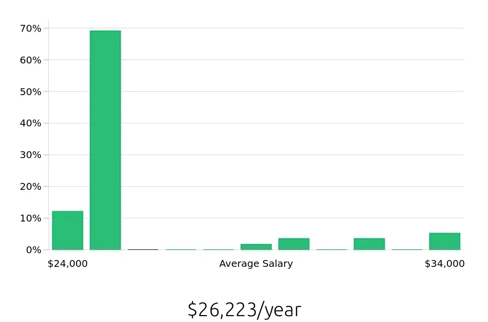 Graph depicting the yearly salary distribution for Retail Merchandiser jobs in Acworth, GA, showing an average salary of $26,223 with varying distribution percentages across salary ranges.