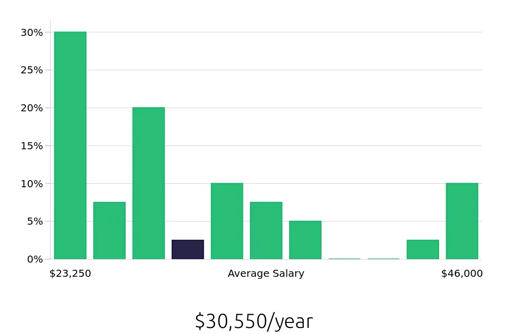 Graph depicting the yearly salary distribution for Retail Merchandiser jobs in Auburn, AL, showing an average salary of $30,550 with varying distribution percentages across salary ranges.