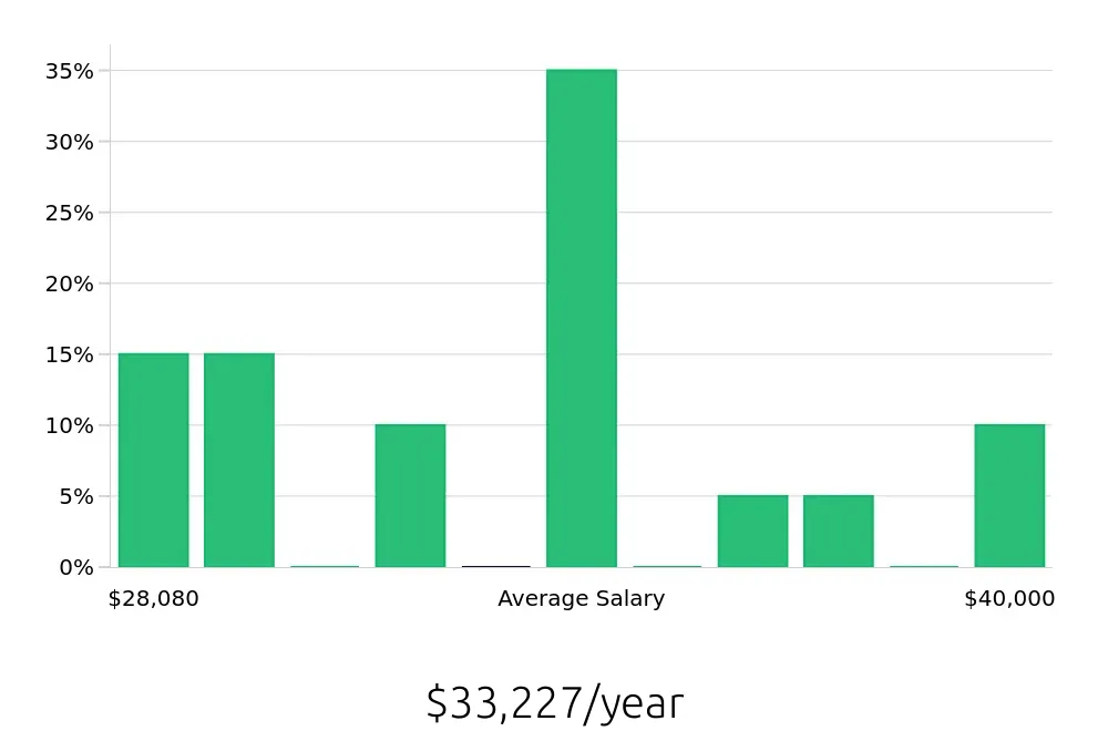 Graph depicting the yearly salary distribution for Retail Merchandiser jobs in Bourbonnais, IL, showing an average salary of $33,227 with varying distribution percentages across salary ranges.