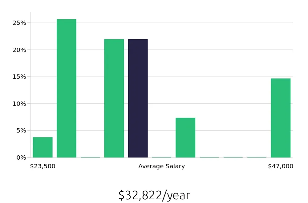 Graph depicting the yearly salary distribution for Retail Merchandiser jobs in Council Bluffs, IA, showing an average salary of $32,822 with varying distribution percentages across salary ranges.