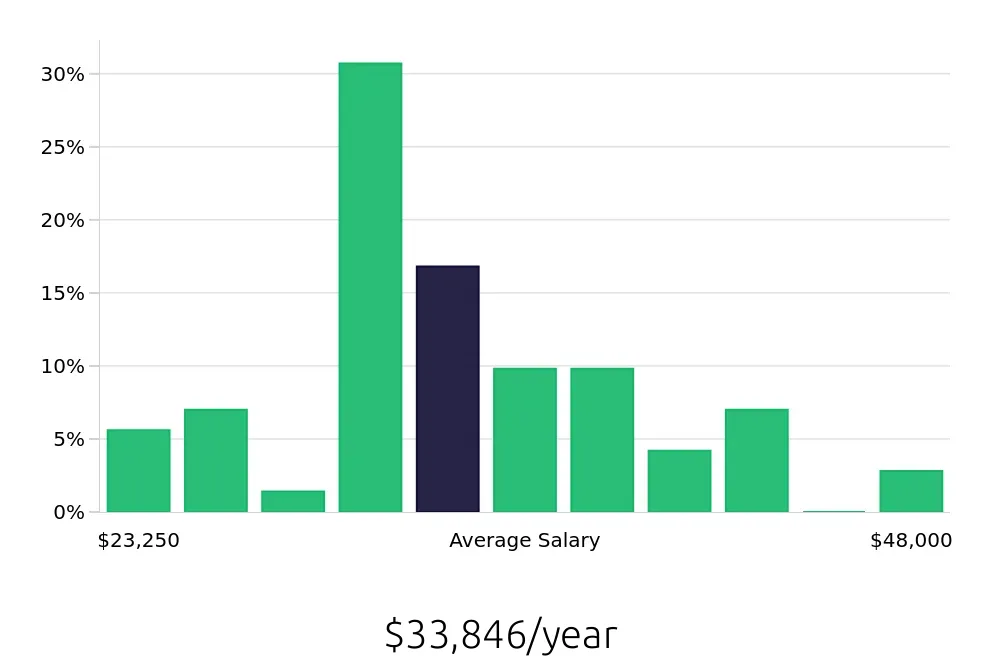 Graph depicting the yearly salary distribution for Retail Merchandiser jobs in Des Moines, IA, showing an average salary of $33,846 with varying distribution percentages across salary ranges.