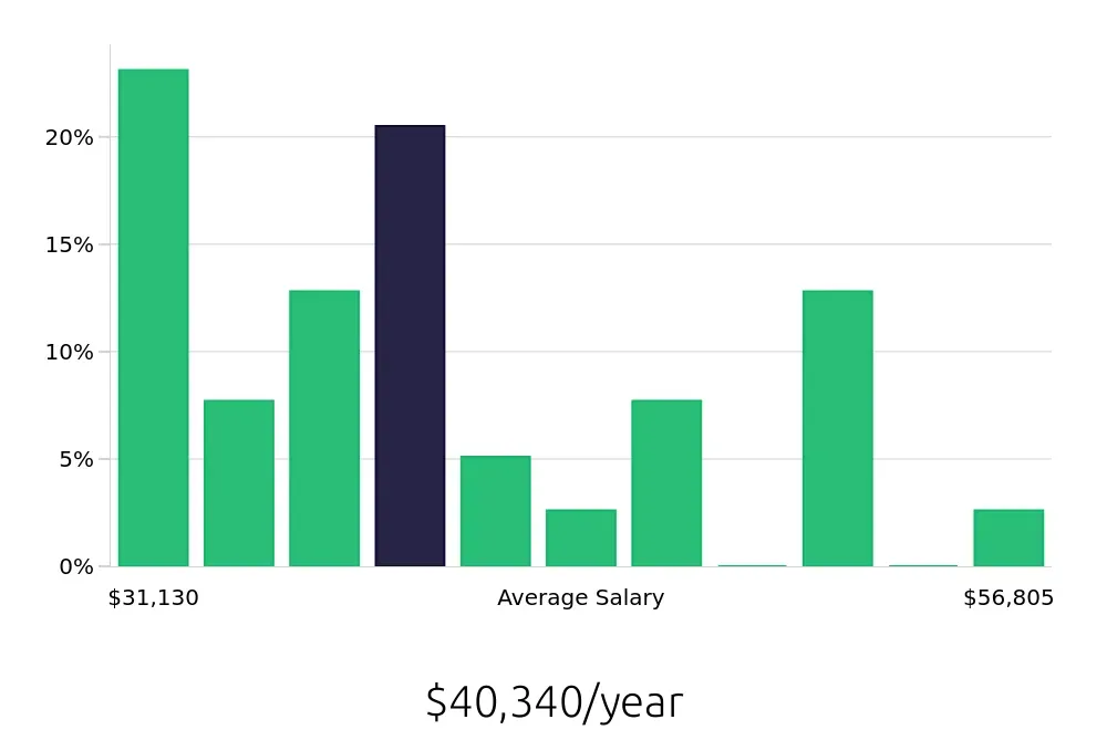 Graph depicting the yearly salary distribution for Retail Merchandiser jobs in Edison, NJ, showing an average salary of $40,340 with varying distribution percentages across salary ranges.