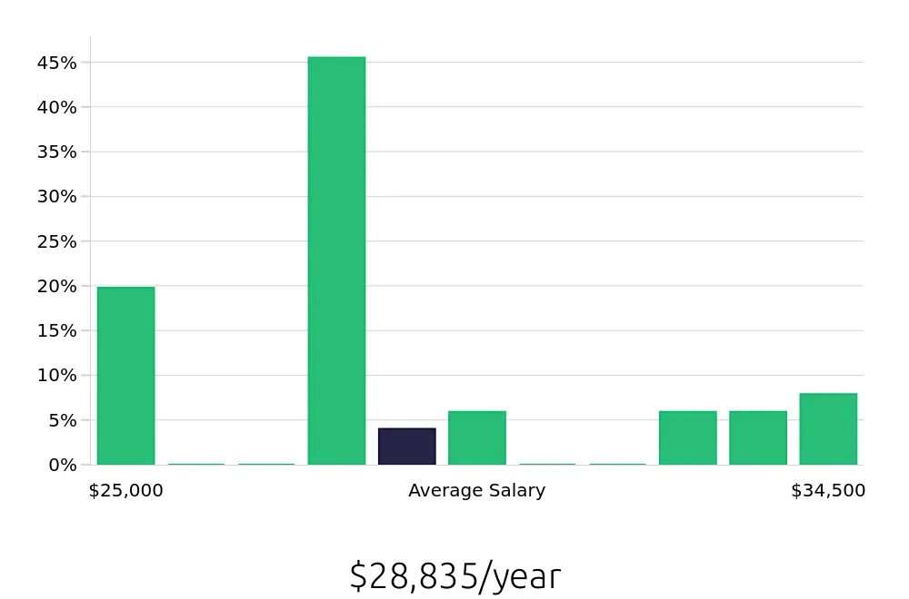 Graph depicting the yearly salary distribution for Retail Merchandiser jobs in Fayetteville, GA, showing an average salary of $28,835 with varying distribution percentages across salary ranges.