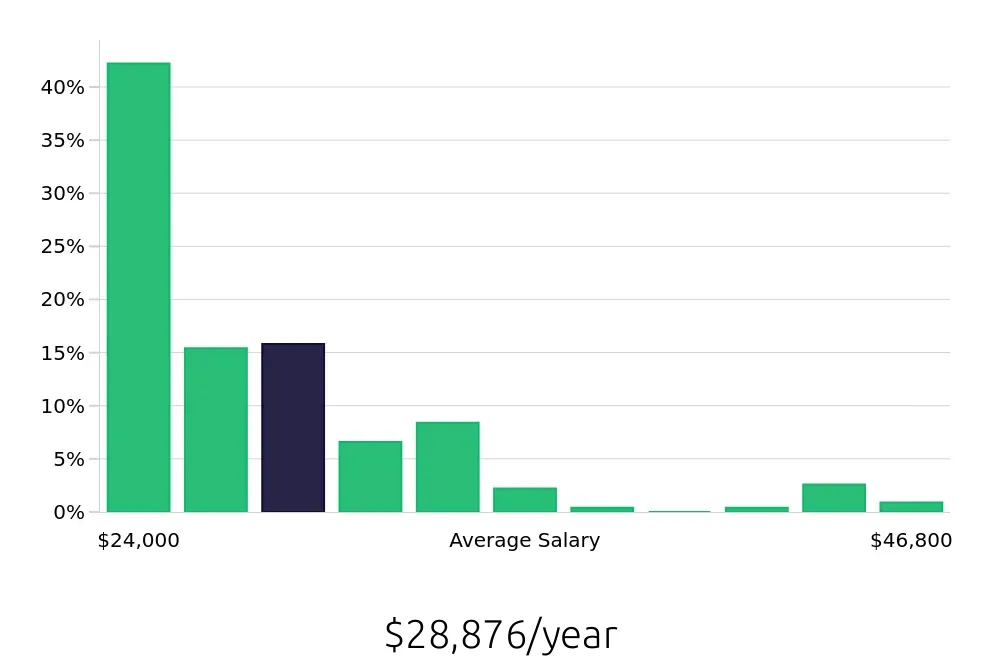 Graph depicting the yearly salary distribution for Retail Merchandiser jobs in Marietta, GA, showing an average salary of $28,876 with varying distribution percentages across salary ranges.