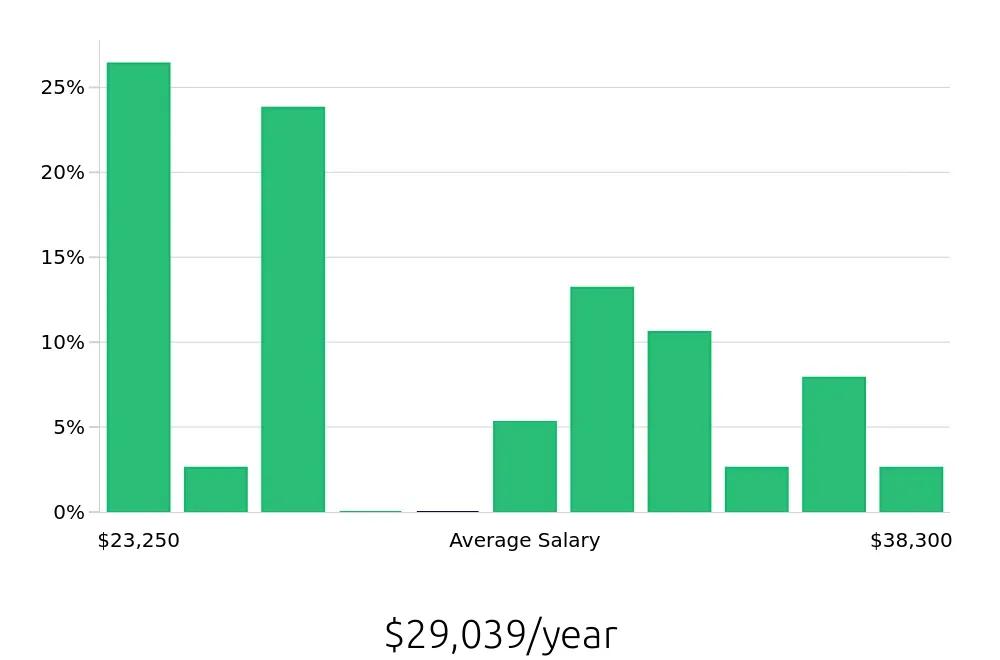 Graph depicting the yearly salary distribution for Retail Merchandiser jobs in Menomonee Falls, WI, showing an average salary of $29,039 with varying distribution percentages across salary ranges.