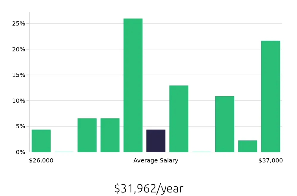 Graph depicting the yearly salary distribution for Retail Merchandiser jobs in Newark, DE, showing an average salary of $31,962 with varying distribution percentages across salary ranges.
