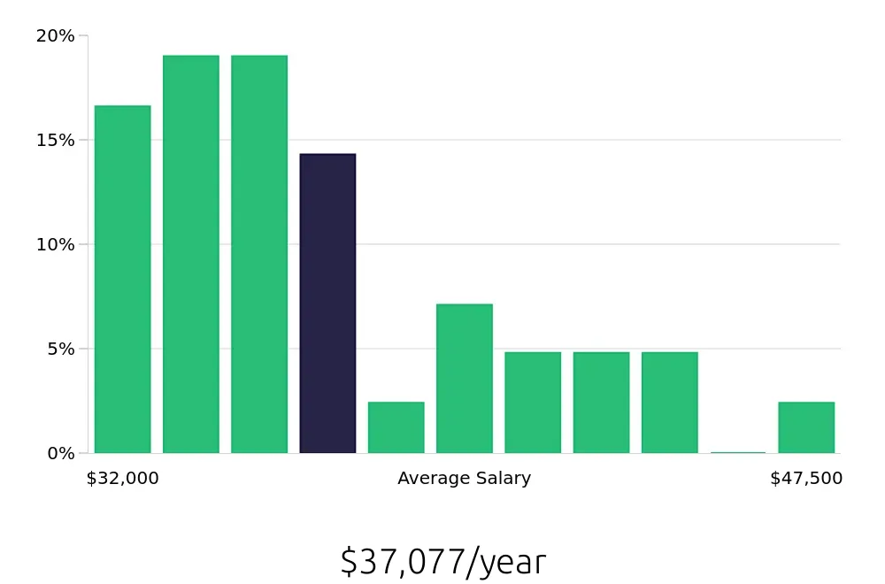 Graph depicting the yearly salary distribution for Retail Merchandiser jobs in Palmdale, CA, showing an average salary of $37,077 with varying distribution percentages across salary ranges.