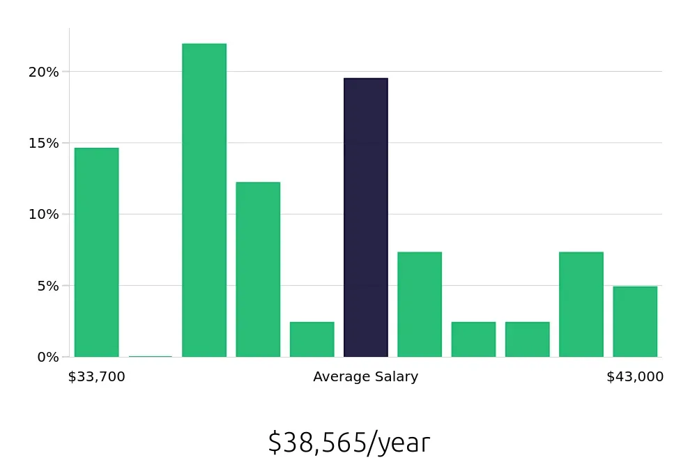 Graph depicting the yearly salary distribution for Retail Merchandiser jobs in Puyallup, WA, showing an average salary of $38,565 with varying distribution percentages across salary ranges.
