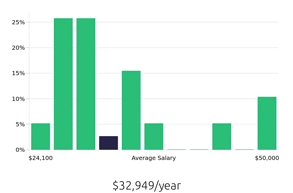 Graph depicting the yearly salary distribution for Retail Merchandiser jobs in Rock Hill, SC, showing an average salary of $32,949 with varying distribution percentages across salary ranges.