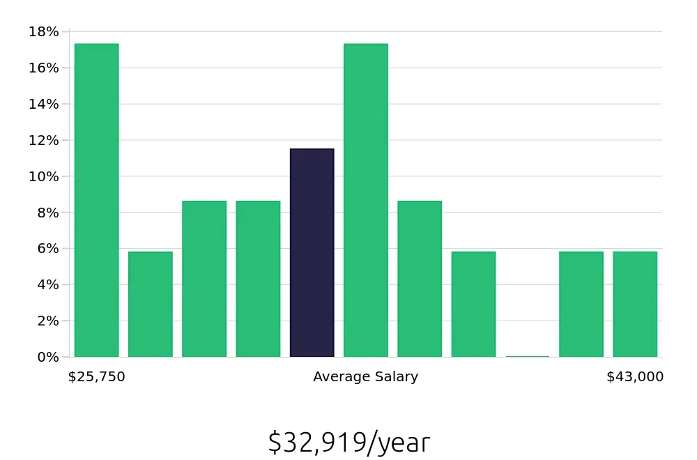 Graph depicting the yearly salary distribution for Retail Merchandiser jobs in Saginaw, MI, showing an average salary of $32,919 with varying distribution percentages across salary ranges.