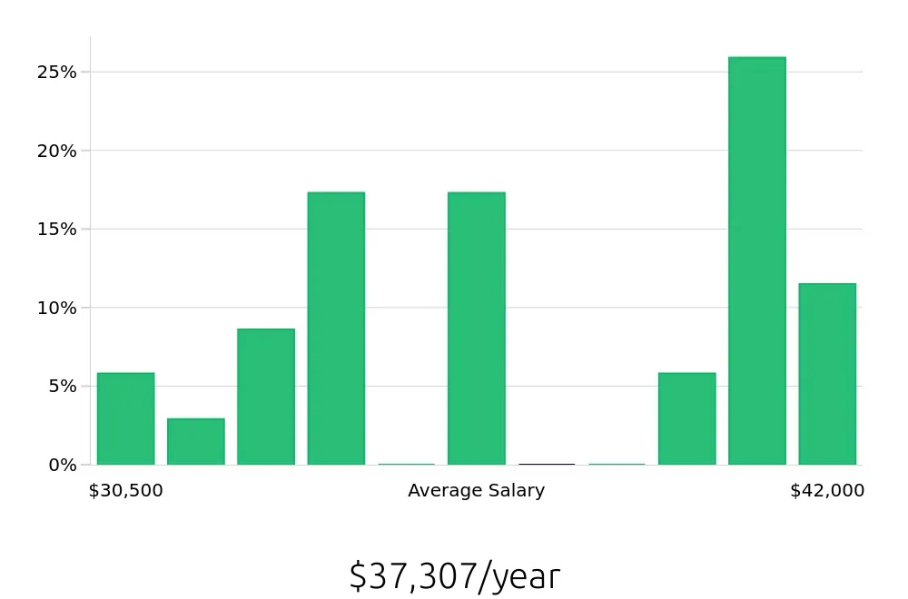 Graph depicting the yearly salary distribution for Retail Merchandiser jobs in Saugus, MA, showing an average salary of $37,307 with varying distribution percentages across salary ranges.