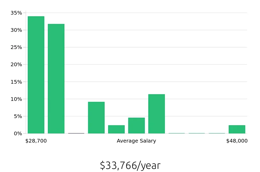 Graph depicting the yearly salary distribution for Retail Merchandiser jobs in Scottsdale, AZ, showing an average salary of $33,766 with varying distribution percentages across salary ranges.