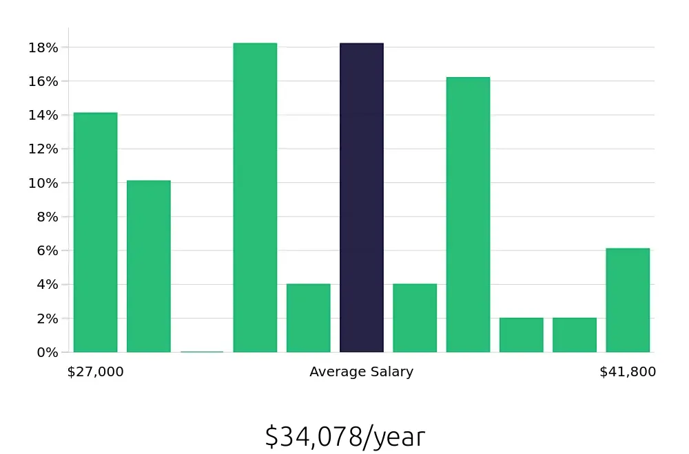 Graph depicting the yearly salary distribution for Retail Merchandiser jobs in Summerville, SC, showing an average salary of $34,078 with varying distribution percentages across salary ranges.
