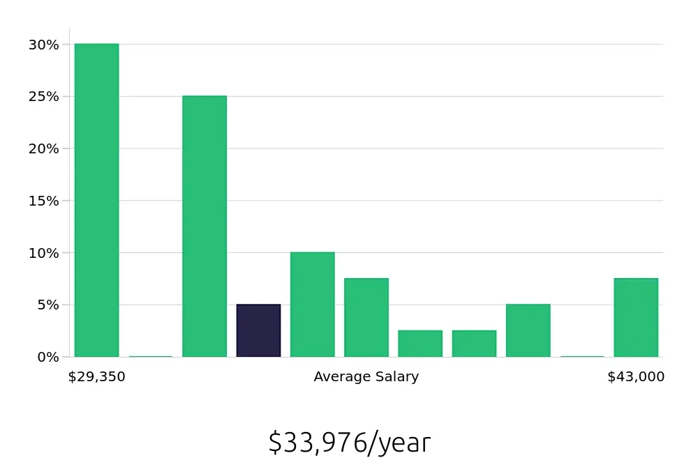 Graph depicting the yearly salary distribution for Retail Merchandiser jobs in Surprise, AZ, showing an average salary of $33,976 with varying distribution percentages across salary ranges.