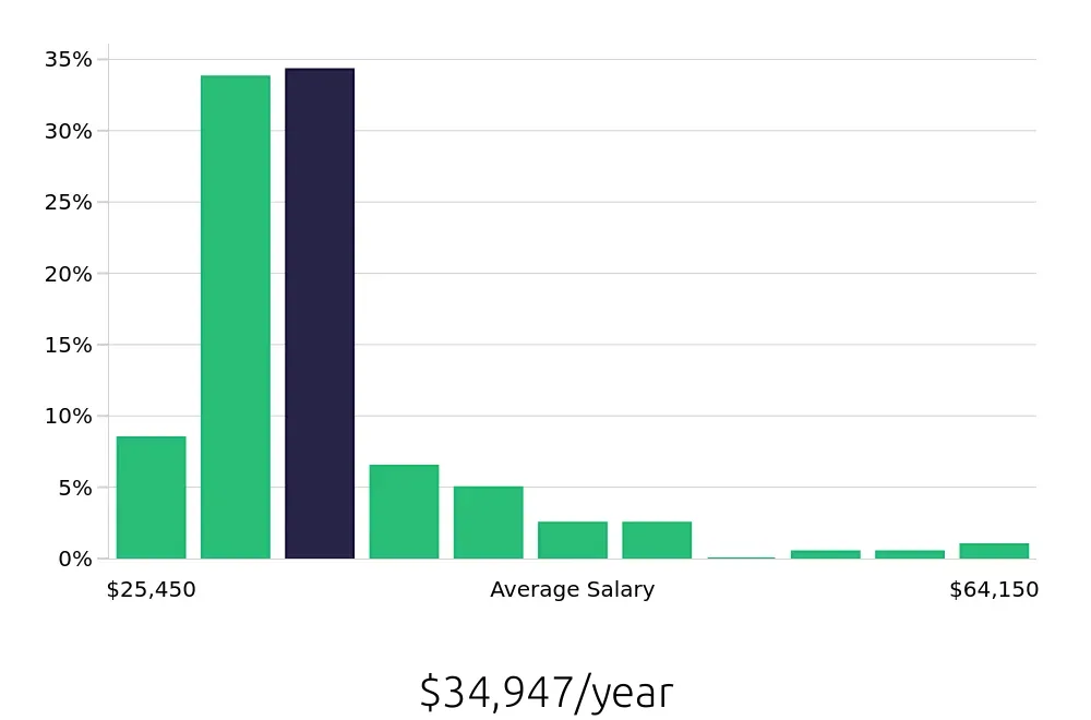 Graph depicting the yearly salary distribution for Retail Merchandiser jobs in Tampa, FL, showing an average salary of $34,947 with varying distribution percentages across salary ranges.