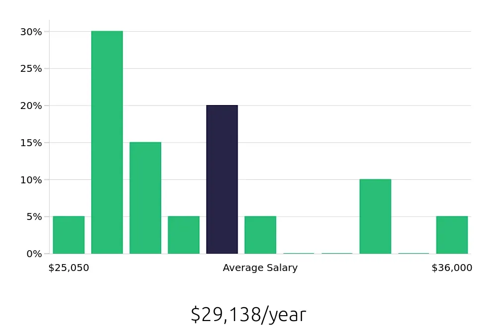 Graph depicting the yearly salary distribution for Retail Merchandiser jobs in Warner Robins, GA, showing an average salary of $29,138 with varying distribution percentages across salary ranges.