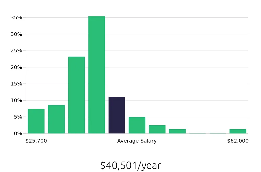 Graph depicting the yearly salary distribution for Retail Merchandiser jobs in Washington, DC, showing an average salary of $40,501 with varying distribution percentages across salary ranges.