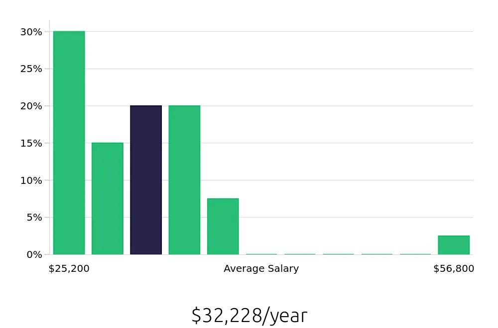 Graph depicting the yearly salary distribution for Retail Merchandiser jobs in Winchester, VA, showing an average salary of $32,228 with varying distribution percentages across salary ranges.
