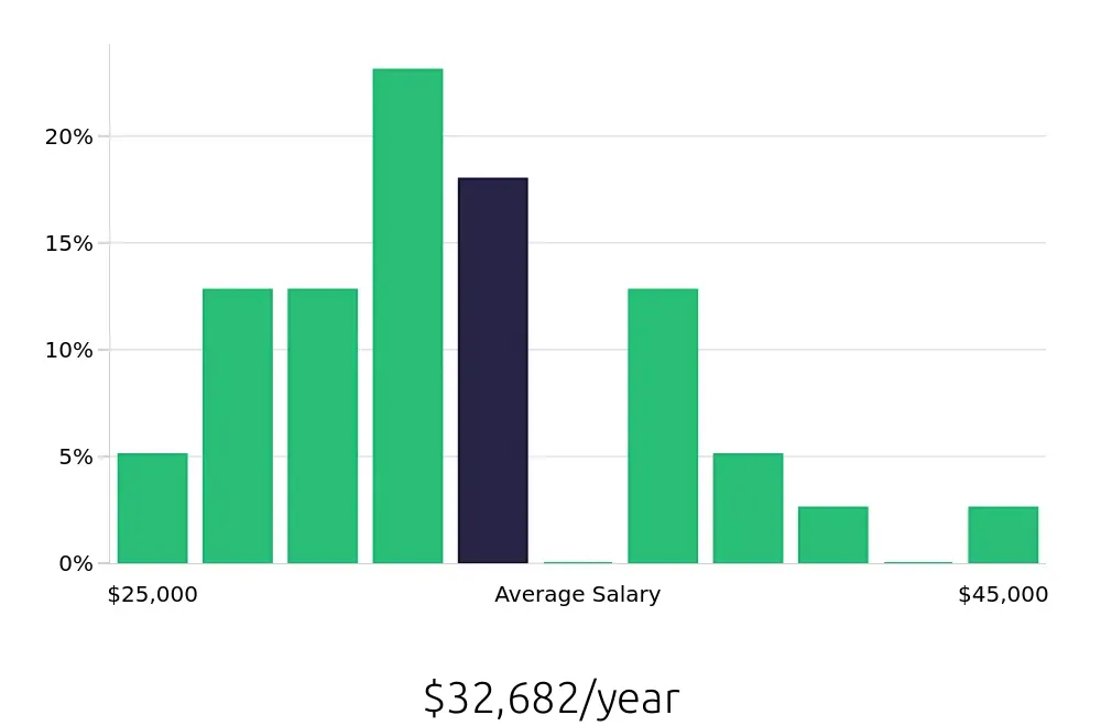 Graph depicting the yearly salary distribution for Retail Merchandiser jobs in Youngstown, OH, showing an average salary of $32,682 with varying distribution percentages across salary ranges.