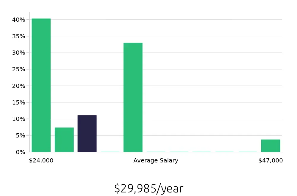 Graph depicting the yearly salary distribution for Retail Sales Associate jobs in Chesterfield, VA, showing an average salary of $29,985 with varying distribution percentages across salary ranges.