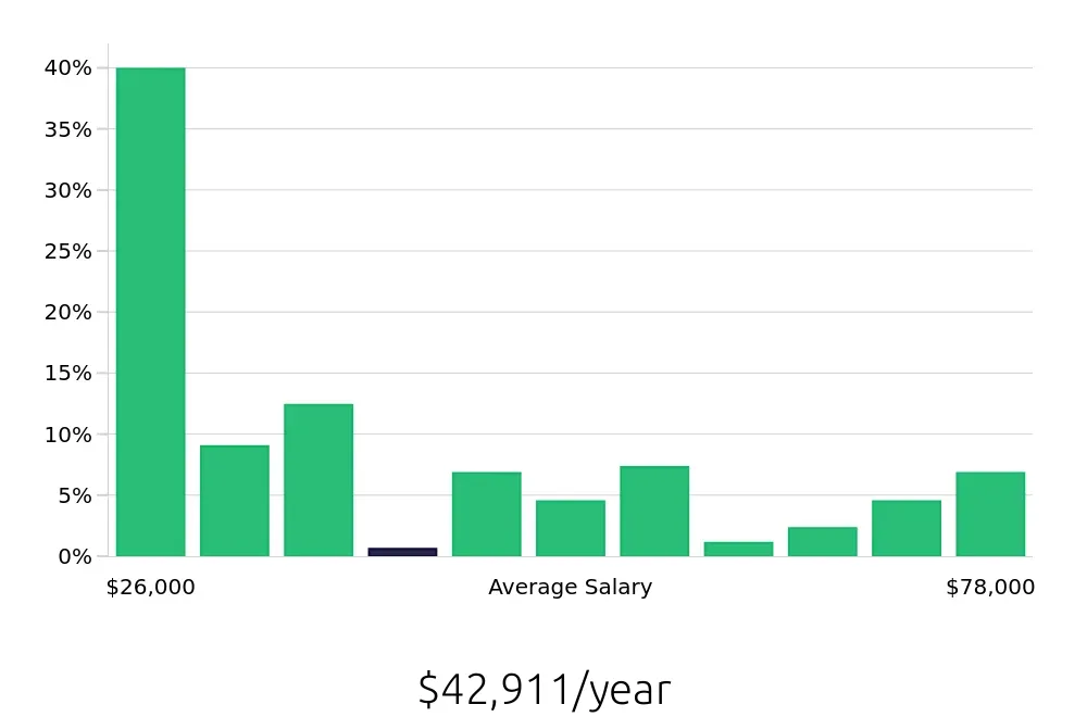 Graph depicting the yearly salary distribution for Retail Sales Associate jobs in Duluth, MN, showing an average salary of $42,911 with varying distribution percentages across salary ranges.