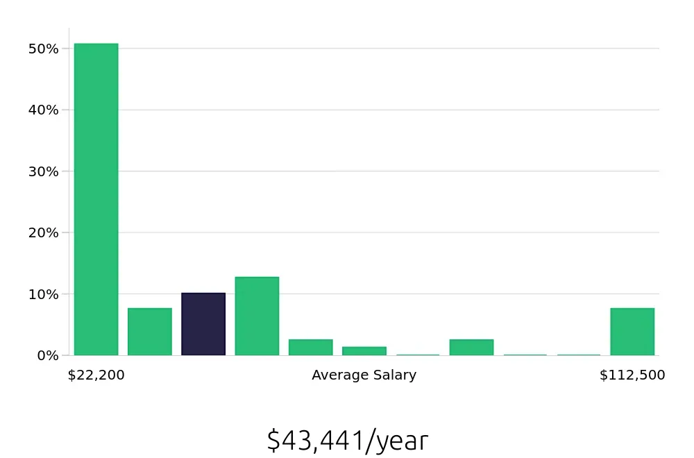 Graph depicting the yearly salary distribution for Retail Sales Associate jobs in Irmo, SC, showing an average salary of $43,441 with varying distribution percentages across salary ranges.