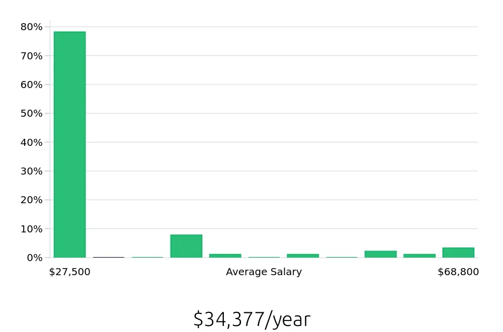Graph depicting the yearly salary distribution for Retail Sales Associate jobs in Lithia Springs, GA, showing an average salary of $34,377 with varying distribution percentages across salary ranges.