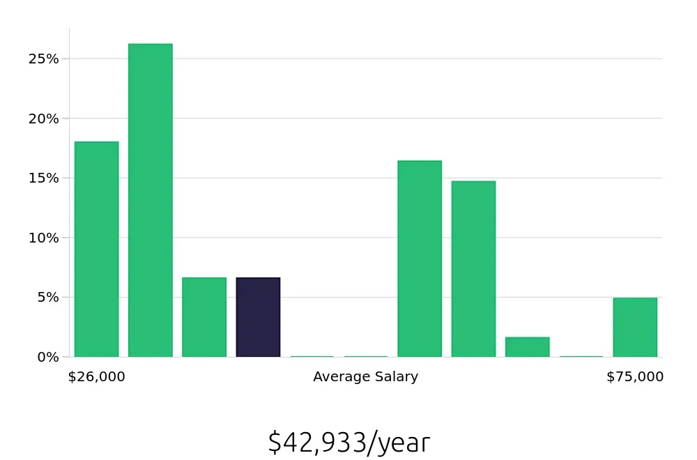 Graph depicting the yearly salary distribution for Retail Sales Associate jobs in Petoskey, MI, showing an average salary of $42,933 with varying distribution percentages across salary ranges.