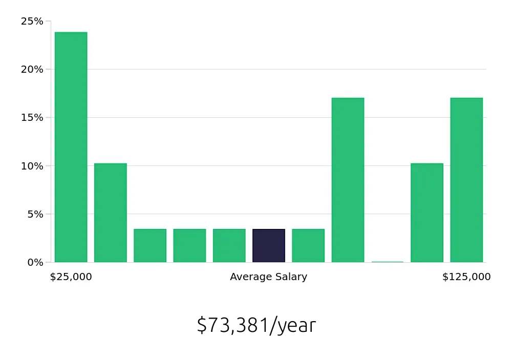 Graph depicting the yearly salary distribution for Retail Sales Associate jobs in Pinellas Park, FL, showing an average salary of $73,381 with varying distribution percentages across salary ranges.