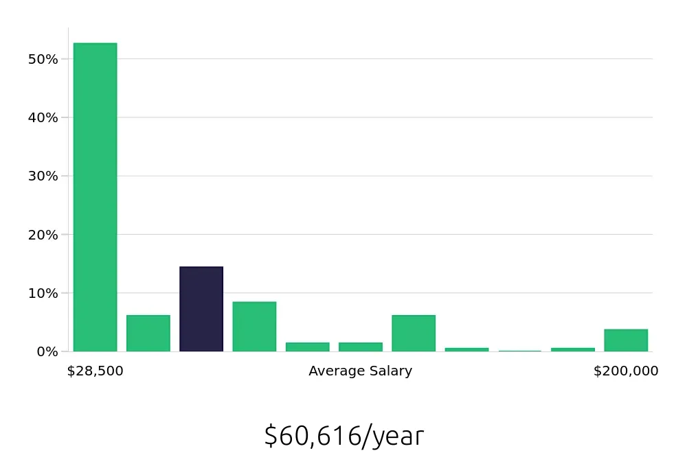 Graph depicting the yearly salary distribution for Retail Sales Associate jobs in Schaumburg, IL, showing an average salary of $60,616 with varying distribution percentages across salary ranges.