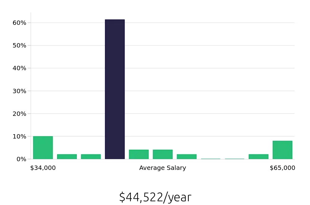Graph depicting the yearly salary distribution for Retail Store Manager jobs in Rapid City, SD, showing an average salary of $44,522 with varying distribution percentages across salary ranges.