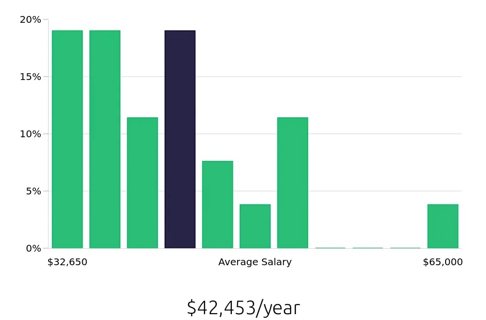 Graph depicting the yearly salary distribution for Retail Store Manager jobs in Rocky Mount, NC, showing an average salary of $42,453 with varying distribution percentages across salary ranges.