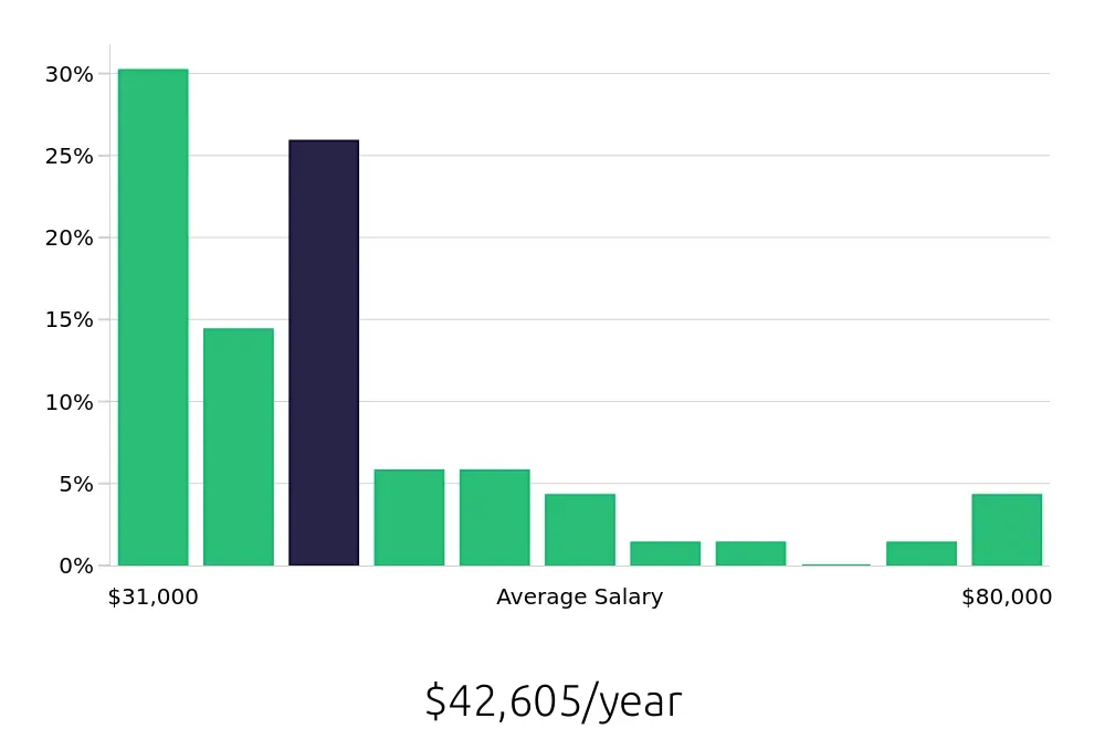 Graph depicting the yearly salary distribution for Retail Store Manager jobs in Summerville, SC, showing an average salary of $42,605 with varying distribution percentages across salary ranges.