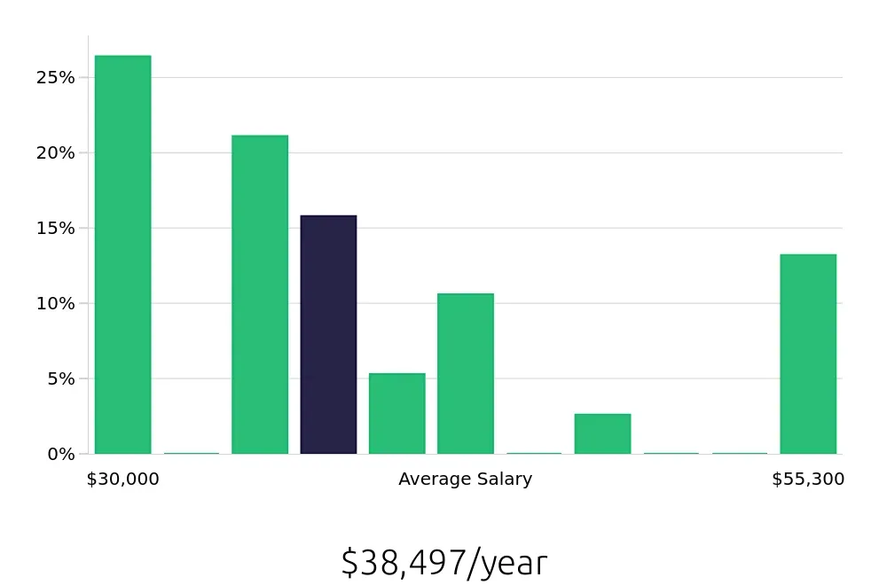 Graph depicting the yearly salary distribution for Route Sales Driver jobs in Rochester, NY, showing an average salary of $38,497 with varying distribution percentages across salary ranges.
