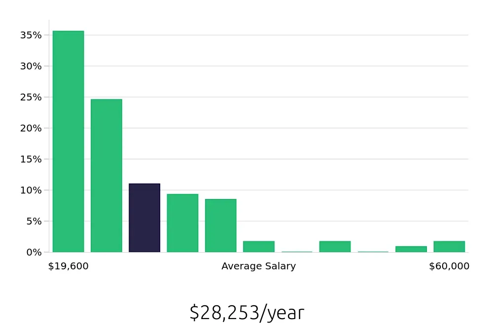 Graph depicting the yearly salary distribution for Sales Associate jobs in Auburn, AL, showing an average salary of $28,253 with varying distribution percentages across salary ranges.