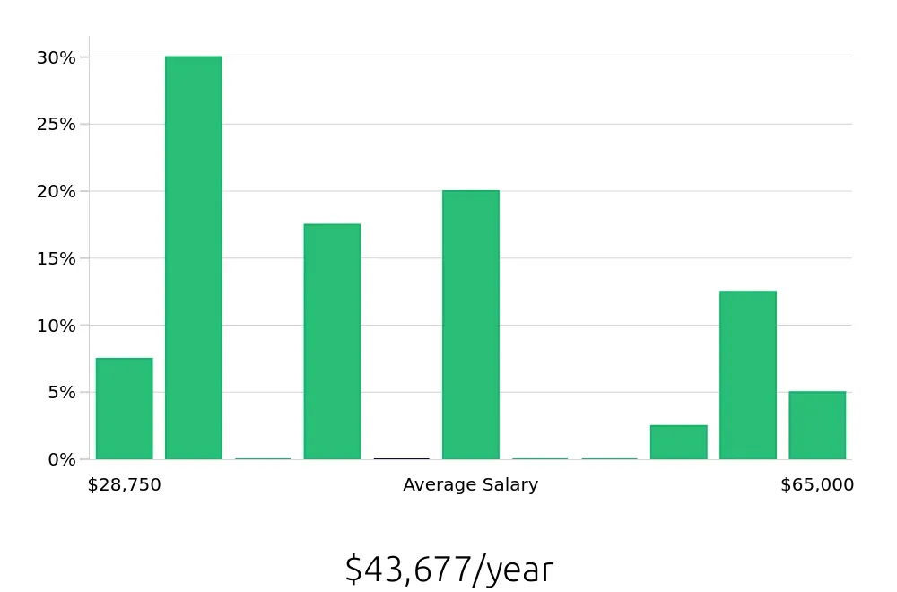 Graph depicting the yearly salary distribution for Sales Associate jobs in East Hartford, CT, showing an average salary of $43,677 with varying distribution percentages across salary ranges.
