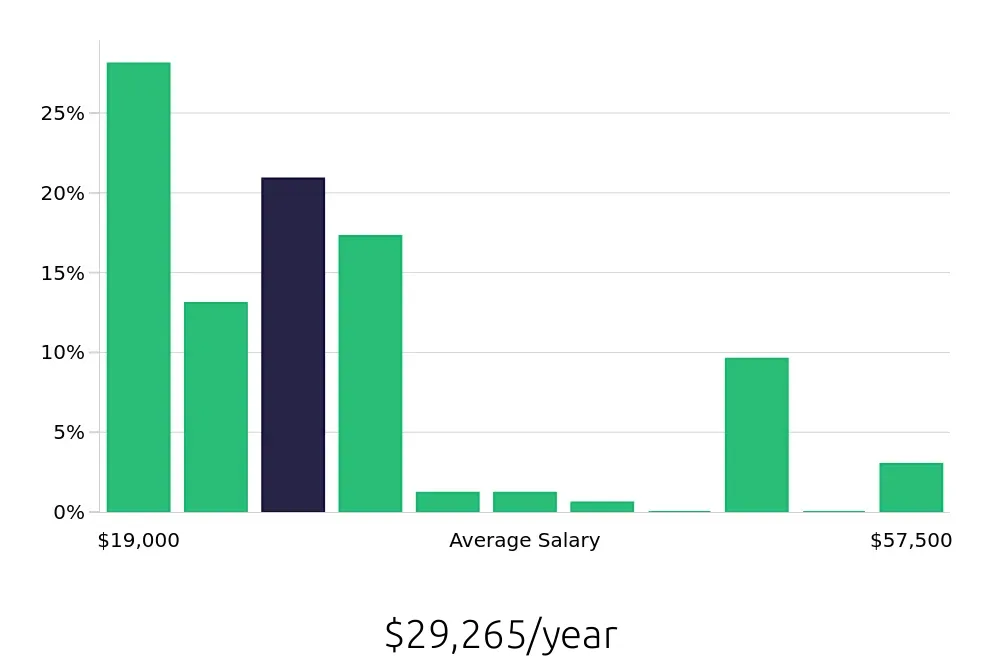 Graph depicting the yearly salary distribution for Sales Associate jobs in Gastonia, NC, showing an average salary of $29,265 with varying distribution percentages across salary ranges.