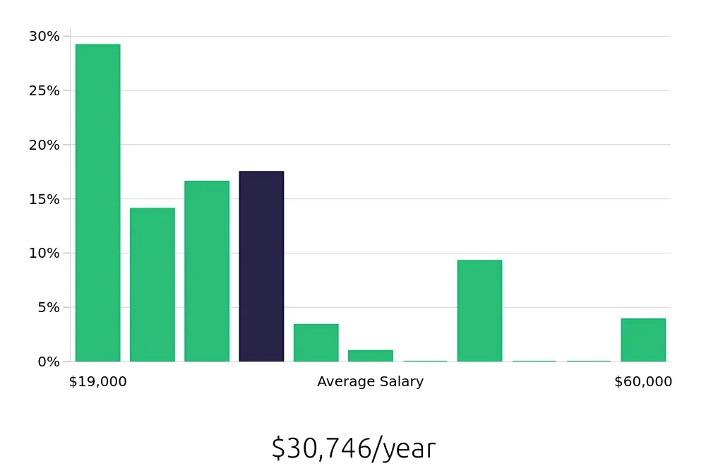 Graph depicting the yearly salary distribution for Sales Associate jobs in Hickory, NC, showing an average salary of $30,746 with varying distribution percentages across salary ranges.