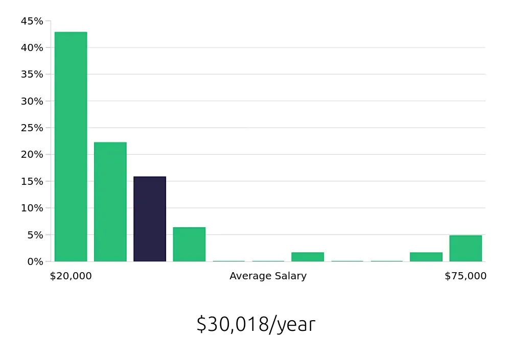 Graph depicting the yearly salary distribution for Sales Associate jobs in Lithonia, GA, showing an average salary of $30,018 with varying distribution percentages across salary ranges.