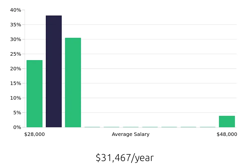 Graph depicting the yearly salary distribution for Sales Associate jobs in Mattoon, IL, showing an average salary of $31,467 with varying distribution percentages across salary ranges.