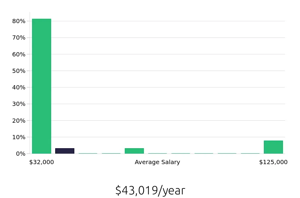 Graph depicting the yearly salary distribution for Sales Associate jobs in Plainview, NY, showing an average salary of $43,019 with varying distribution percentages across salary ranges.