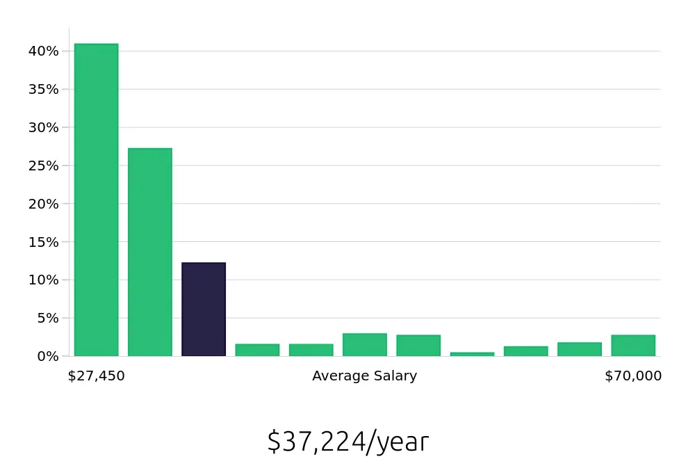 Graph depicting the yearly salary distribution for Sales Associate jobs in Rochester, NY, showing an average salary of $37,224 with varying distribution percentages across salary ranges.