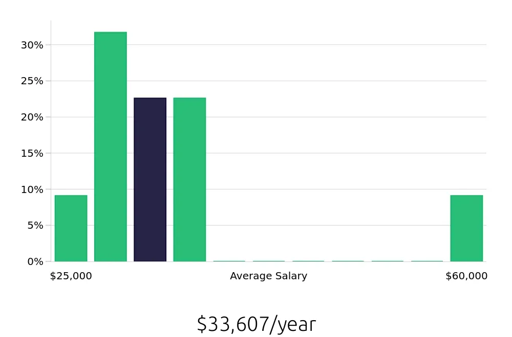 Graph depicting the yearly salary distribution for Sales Associate jobs in Sidney, OH, showing an average salary of $33,607 with varying distribution percentages across salary ranges.