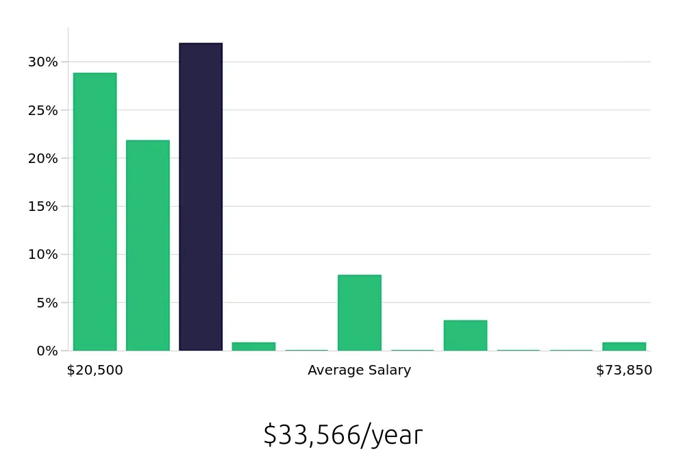Graph depicting the yearly salary distribution for Sales Associate jobs in Texas City, TX, showing an average salary of $33,566 with varying distribution percentages across salary ranges.