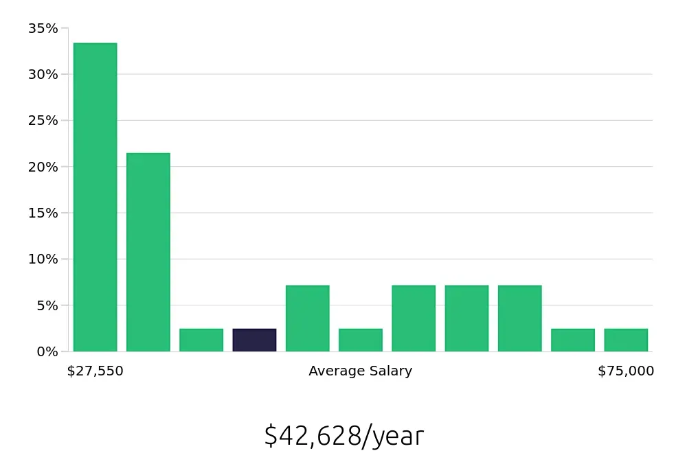 Graph depicting the yearly salary distribution for Sales Associate jobs in Union, NJ, showing an average salary of $42,628 with varying distribution percentages across salary ranges.