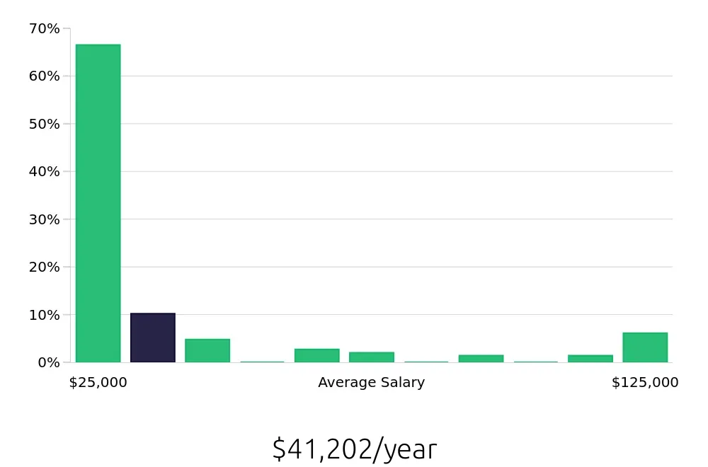 Graph depicting the yearly salary distribution for Sales Associate jobs in Wellington, FL, showing an average salary of $41,202 with varying distribution percentages across salary ranges.